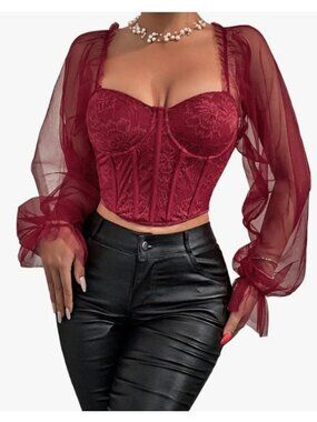 WDIRARA Women's Floral Lace Sweetheart Neck Mesh Flounce Long Sleeve Crop Top